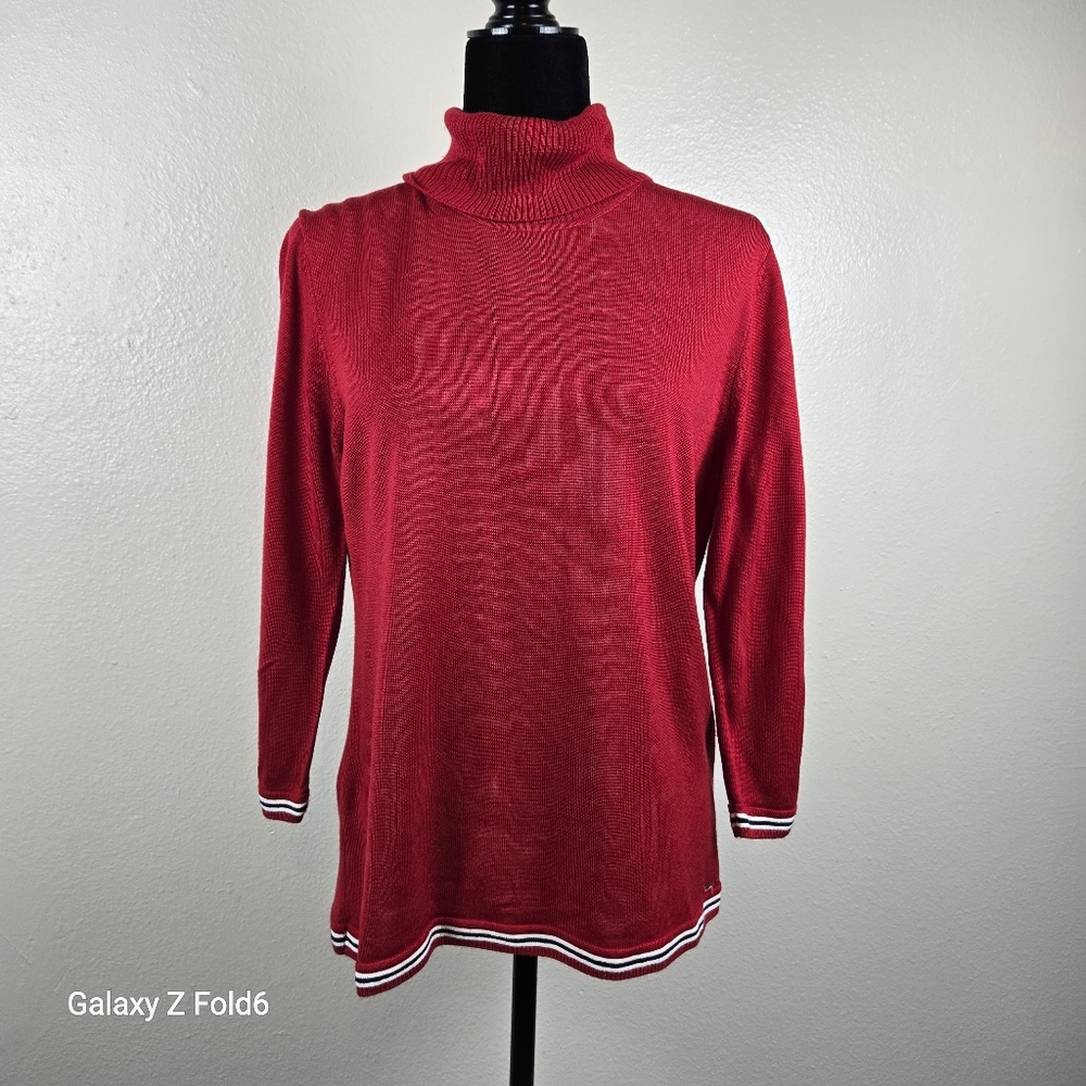 Tommy Hilfiger Red Turtleneck Sweater L Acrylic Knit Stripe Trim Holiday